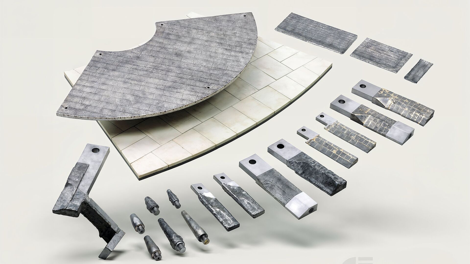 Wear parts and grinding bodies arranged on a workshop bench